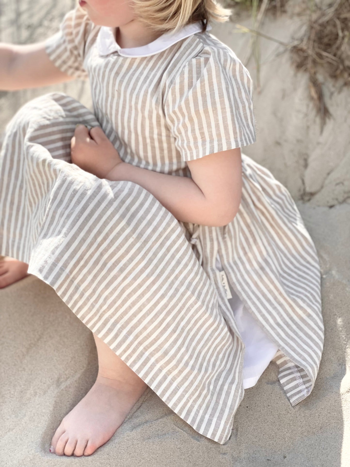 Linen dress stripe ~ sand