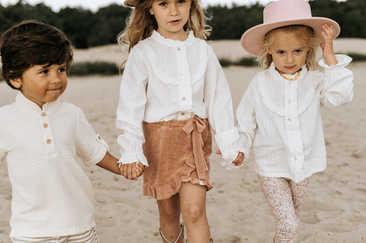 Navy Natural - ruffle blouse - white embroidery