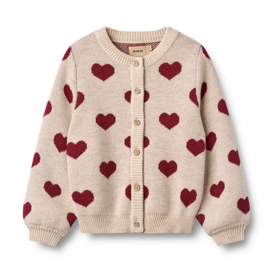 Wheat - jacquard knit heart cardigan kid - offwhite melange