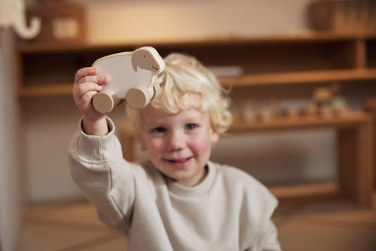 Houten lam op wielen