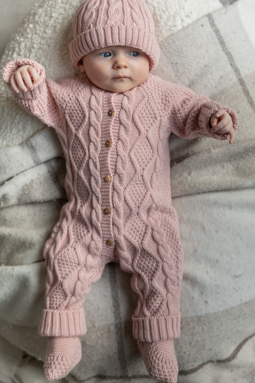 Cable knitted jumpsuit set - soft pink
