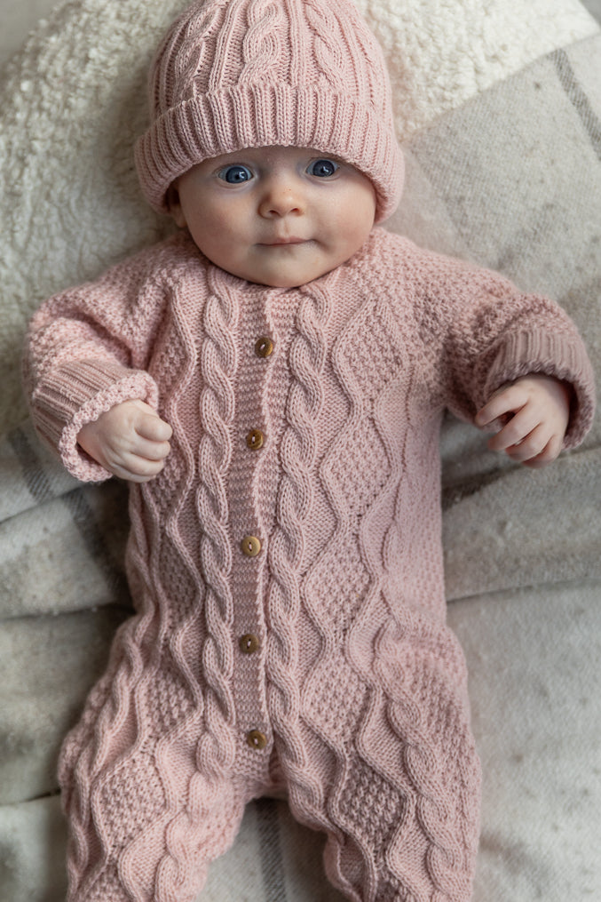 Cable knitted jumpsuit set - soft pink