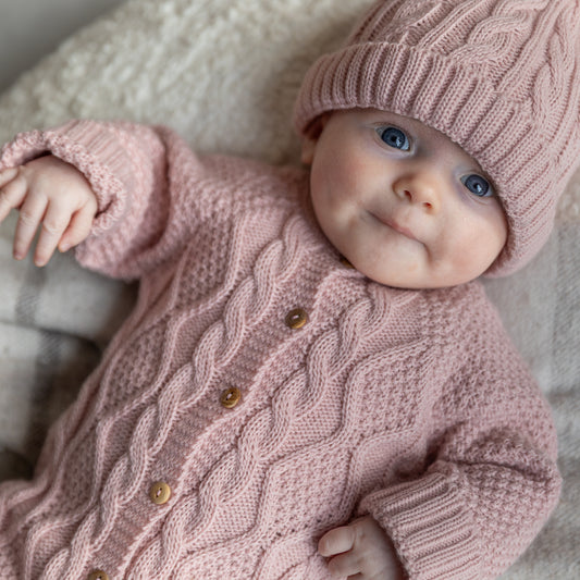 Cable knitted jumpsuit set - soft pink