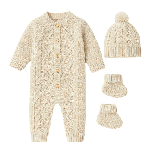 Cable knitted jumpsuit set - beige