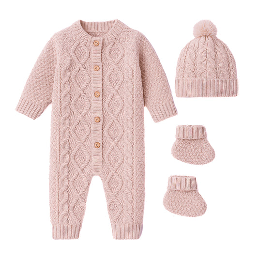Cable knitted jumpsuit set - soft pink