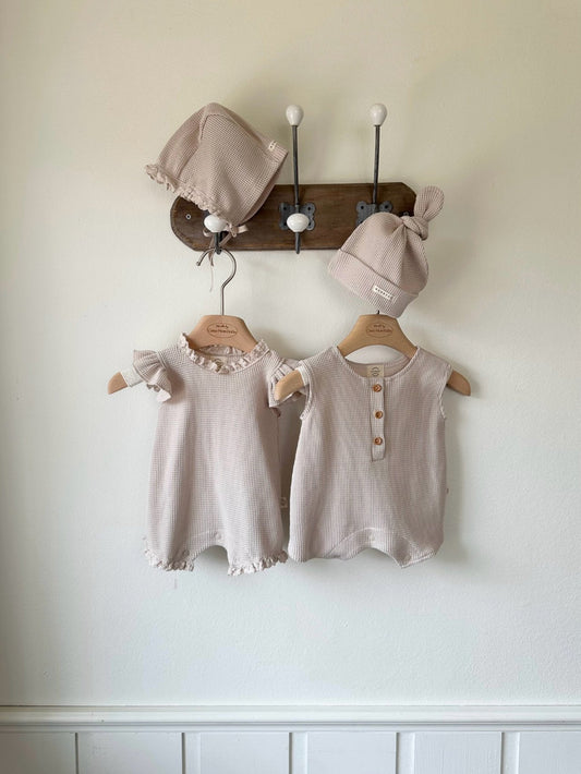 Monbebe - frill waffle summer suit with bonnet - indi pink