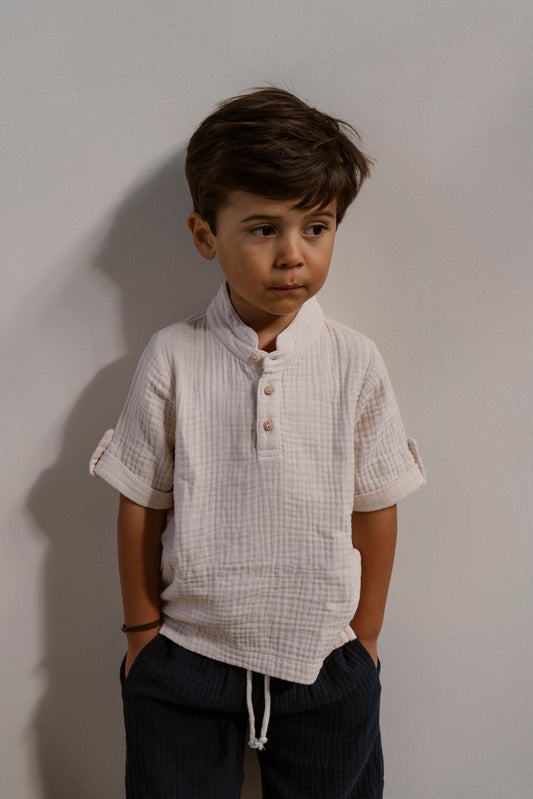 Navy Natural - mousseline polo blouse - almond