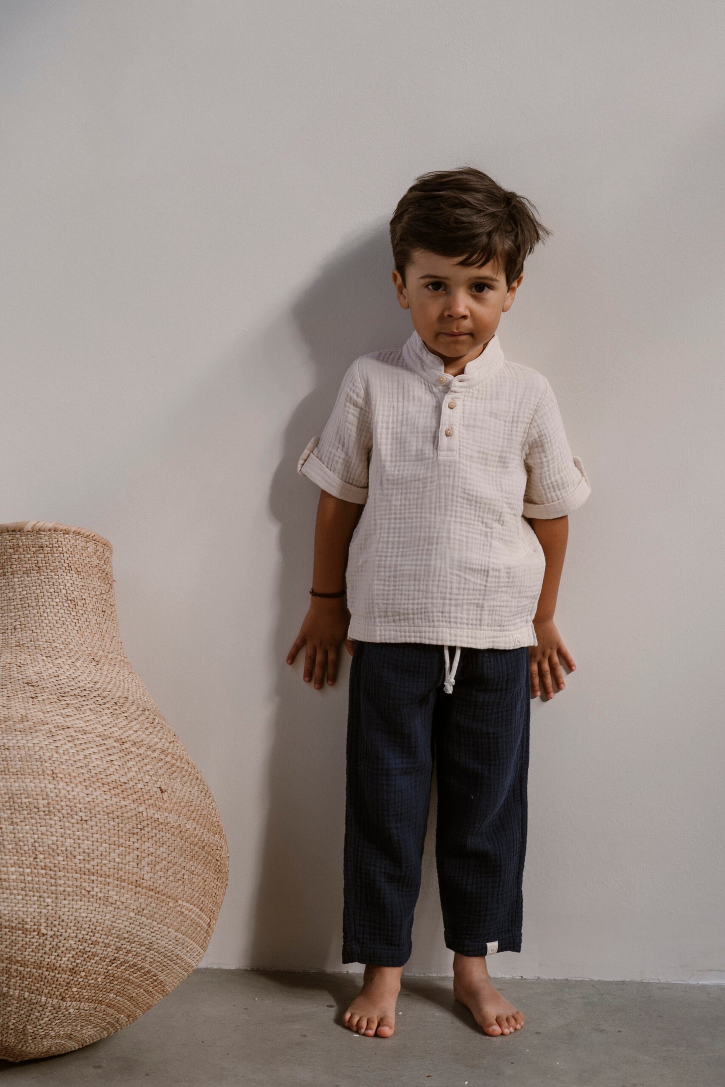 Navy Natural - mousseline polo blouse - almond