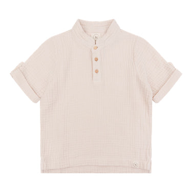 Navy Natural - mousseline polo blouse - almond