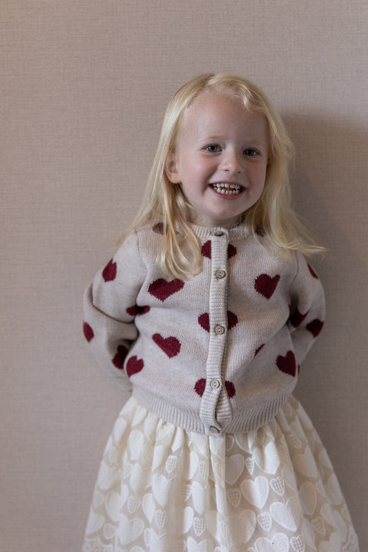 Wheat - jacquard knit heart cardigan kid - offwhite melange