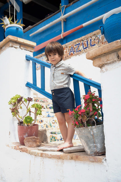 Romper with shirt collar ~ navy stripe