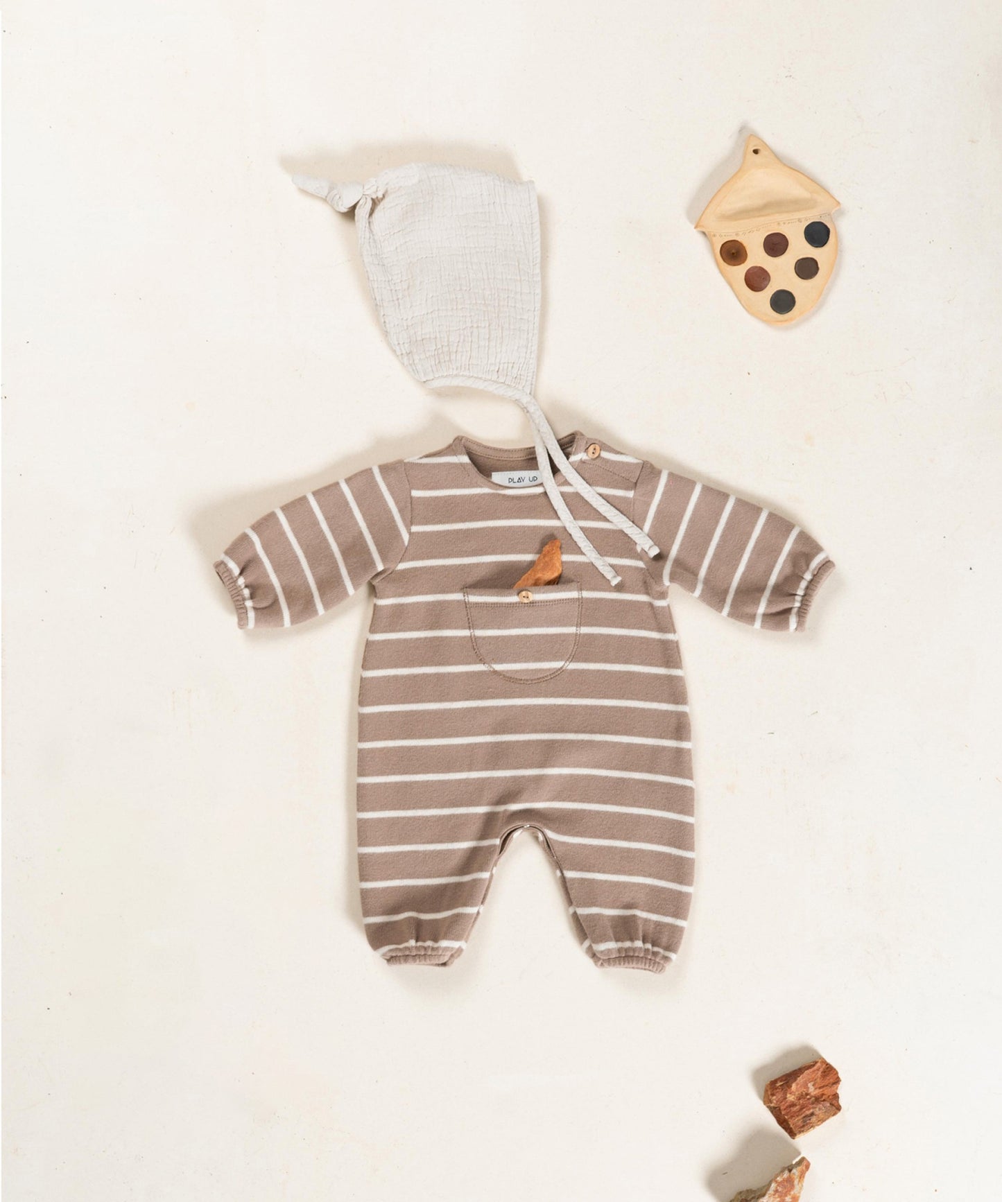 Play up - striped jumpsuit with pocket - taupe/pencil