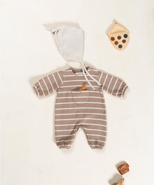 Play up - striped jumpsuit with pocket - taupe/pencil