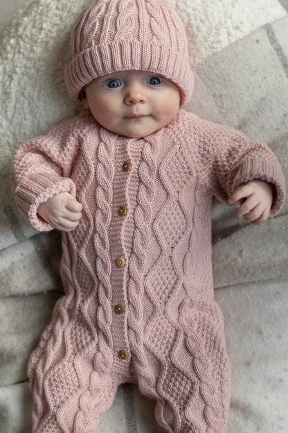 Cable knitted jumpsuit set - soft pink