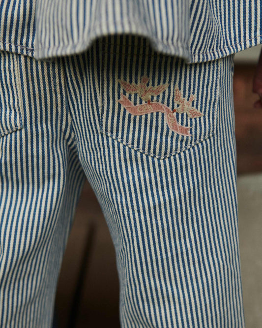 Copenhagen Colors - wide leg pants with embroidery birds - denim blue stripe