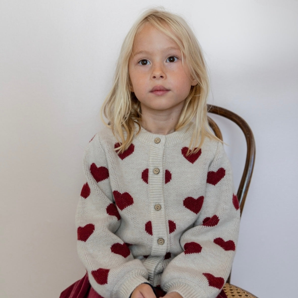 Wheat - jacquard knit heart cardigan kid - offwhite melange