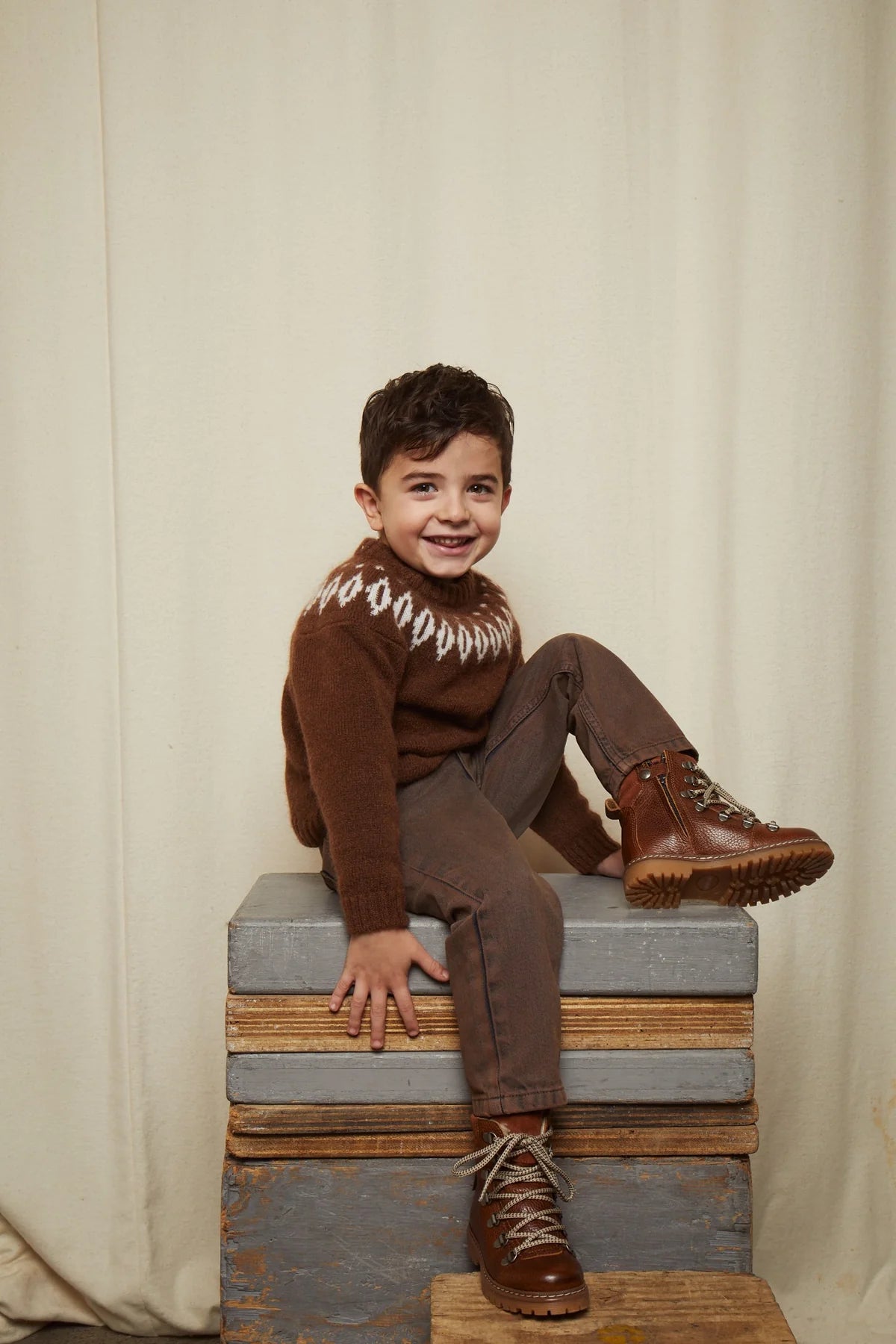 Wool Iceland sweater - dark brown/cream combi