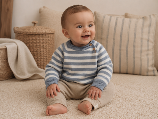 Lil'Atelier - knitted stripe sweater Dason - coconut milk & tradewinds blue