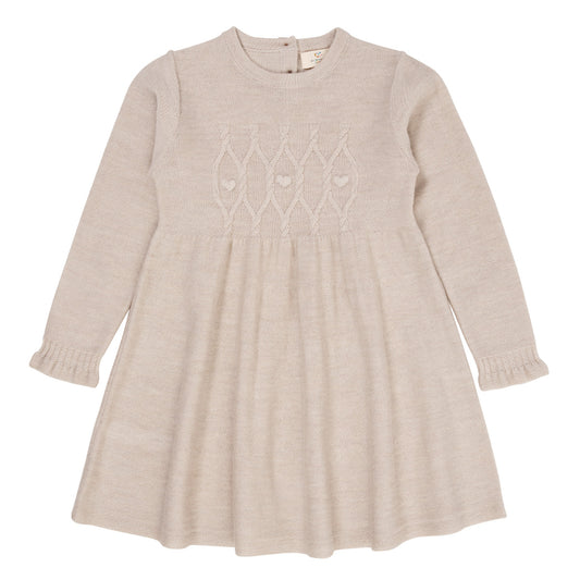 Merino cable dress with hearts - pale cream melange