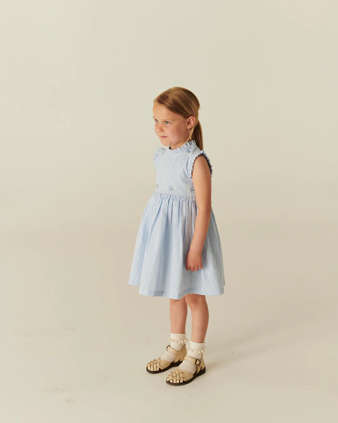 Copenhagen Colors - seersucker dress with ruffle - sky blue stripe