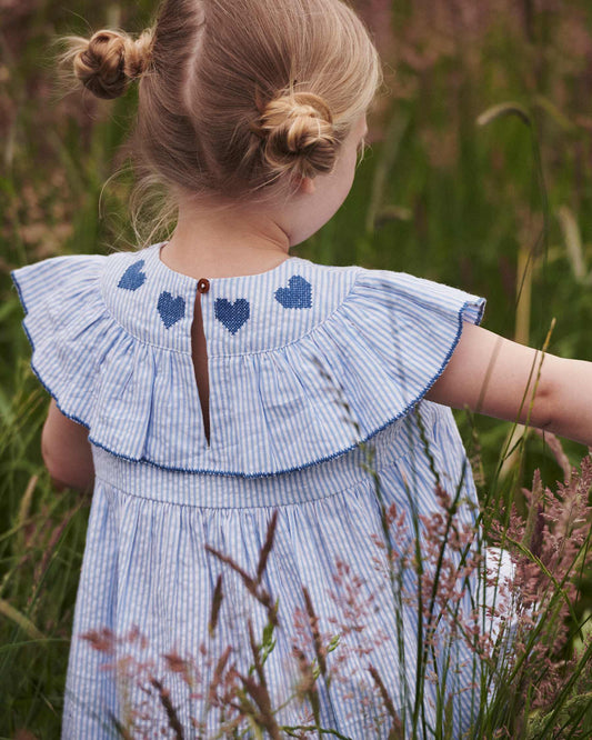 Copenhagen Colors - seersucker dress with hearts - sky blue stripe