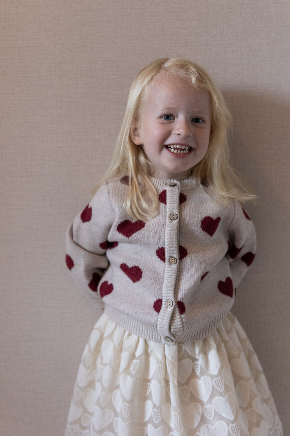 Wheat - jacquard knit heart cardigan kid - offwhite melange